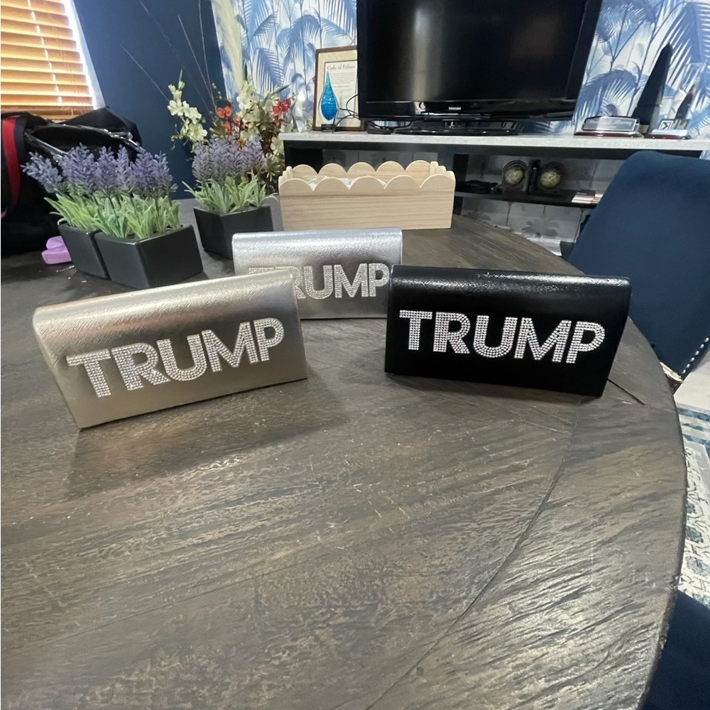 Silver Clutch with Custom TRUMP Rhinestone Lettering - Picture 2 of 2